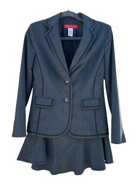 AK Anne Klein Gray Black Trim Skirt Suit Blazer Set Petite 6P